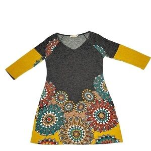 ARYEH Anthropologie Boho Geometric Artsy Mini Sweater Dress 3/4 Sleeves Size S